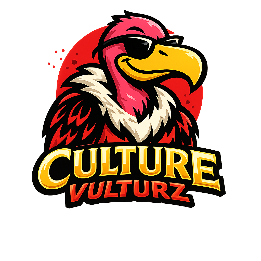 Culture Vulturz pink-headed mascot in a crimson bomber jacket holding a passport and a pint